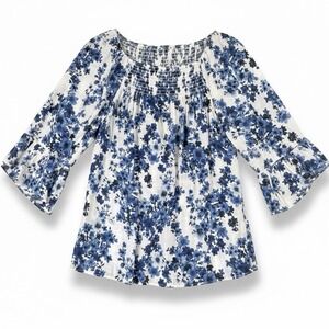 Counterparts Top Women M Blue White Blouse Floral Boho Peasant Festival Indie